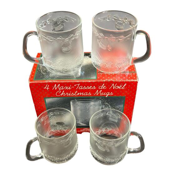 VTG Christmas Holiday Mugs (4) Duralex Saint-Gobain Maxi-Tasses De Noel Glass - Picture 1 of 7